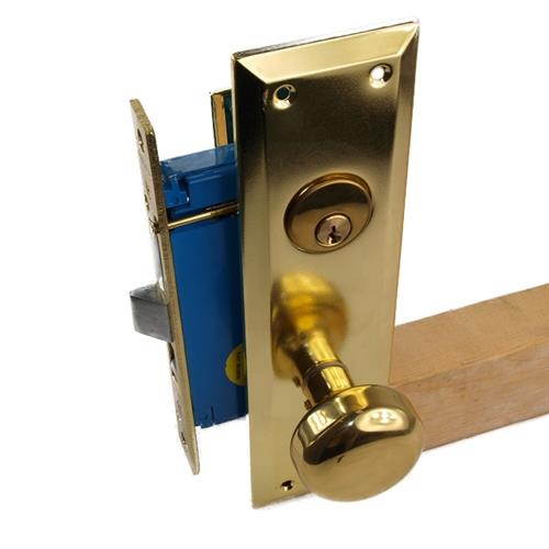 Maxtech Metro Version (Like Marks 91A/3) 1033AML Polished Brass US3 Left Hand Apartment Mortise Entry Lockset, swivel spindle with Screw on Knobs Surface Mounted Lock Set