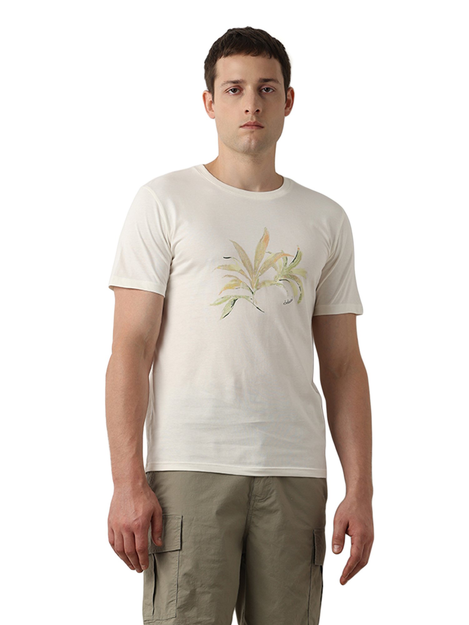 SELECTED HOMME Off White Slim Fit Printed Crew T-Shirt