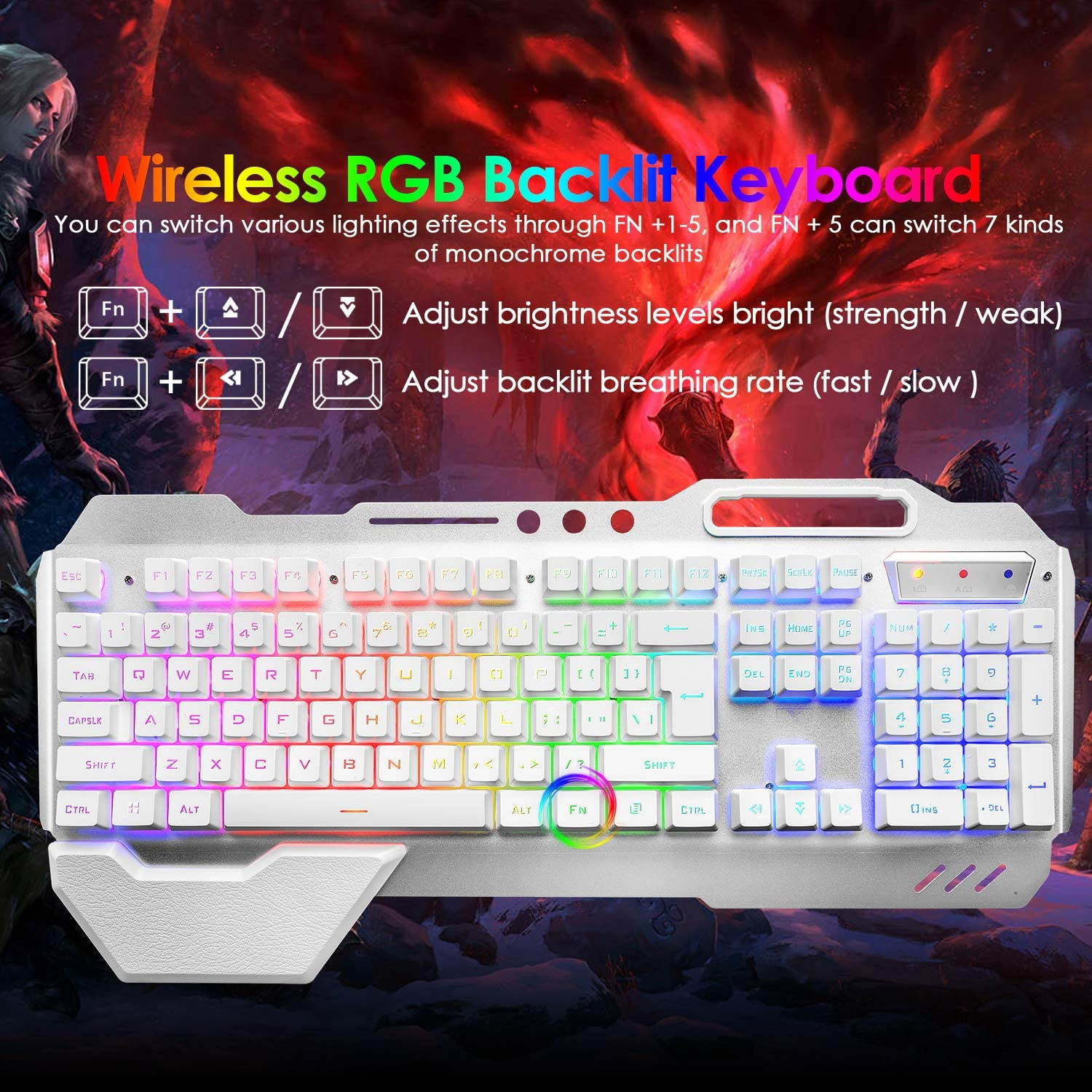CUUWE Wireless Gaming Keyboard and Mouse,RGB Backlit Rechargeable Keyboard with 5000mAh Battery Metal Panel,Removable Hand Rest Mechanical Feel Keyboard and 7 Color Gaming Mute Mouse for PC Gamers