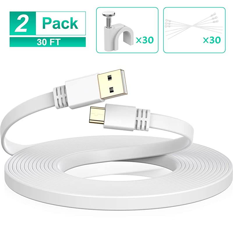 Micro USB Power Cable 30 FT 2 PackFlat Micro USB Charging Power CordCharger for Wyze Cam PanYi CamNest CamBlink XT CameraFurbo DogArlo QNetvueXbox One Controller 30 Feet White