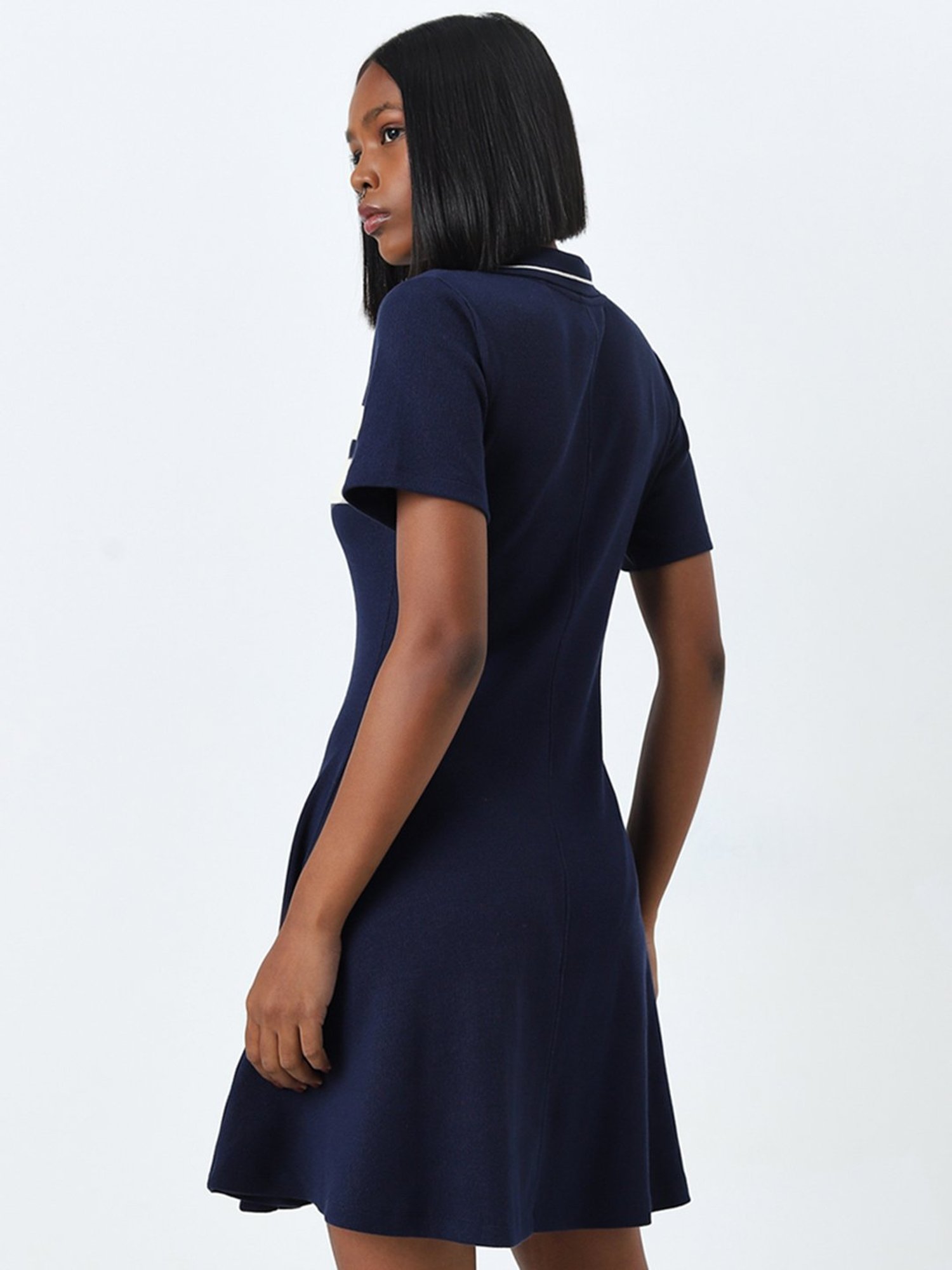 Studiofit by Westside Navy Ribbed Textured A-Line Cotton Blend Dress