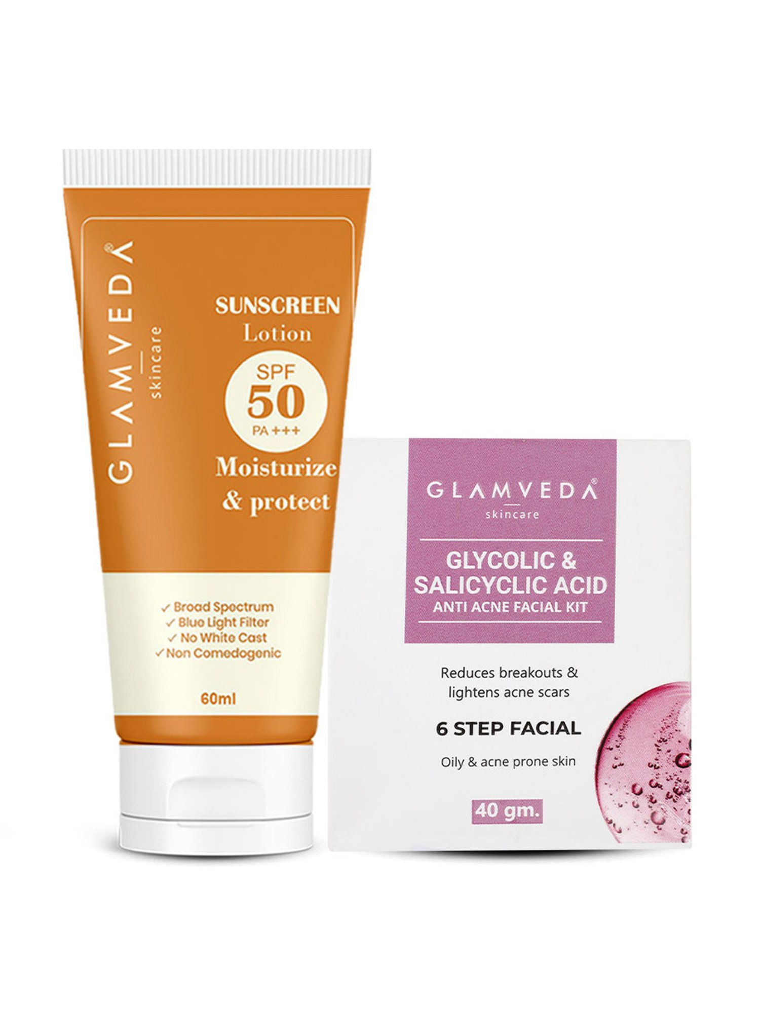 Glamveda Glycolic Acid & Salicylic Facial Kit & Hybrid Sunscreen Lotion SPF 50 PA+++ Combo