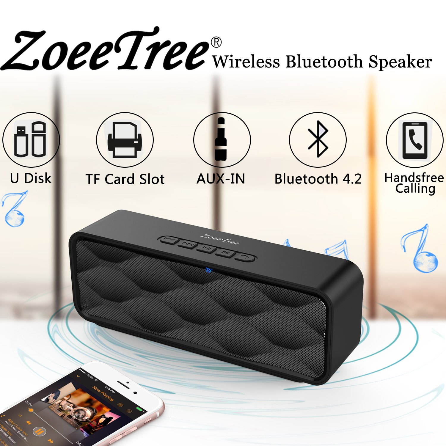 Portable wireless Bluetooth speakers, Portable 4.2 Wireless Speaker EDR Stereo with Loud HD Audio and Bass, Built-In Mic, FM Radio, 12H Playtime , TF Card , Dual Driver for Indoor & Outdoor Use