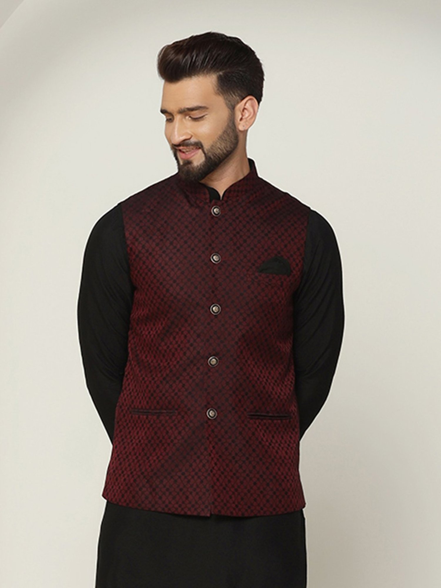 KISAH Wine Regular Fit Self Design Nehru Jacket