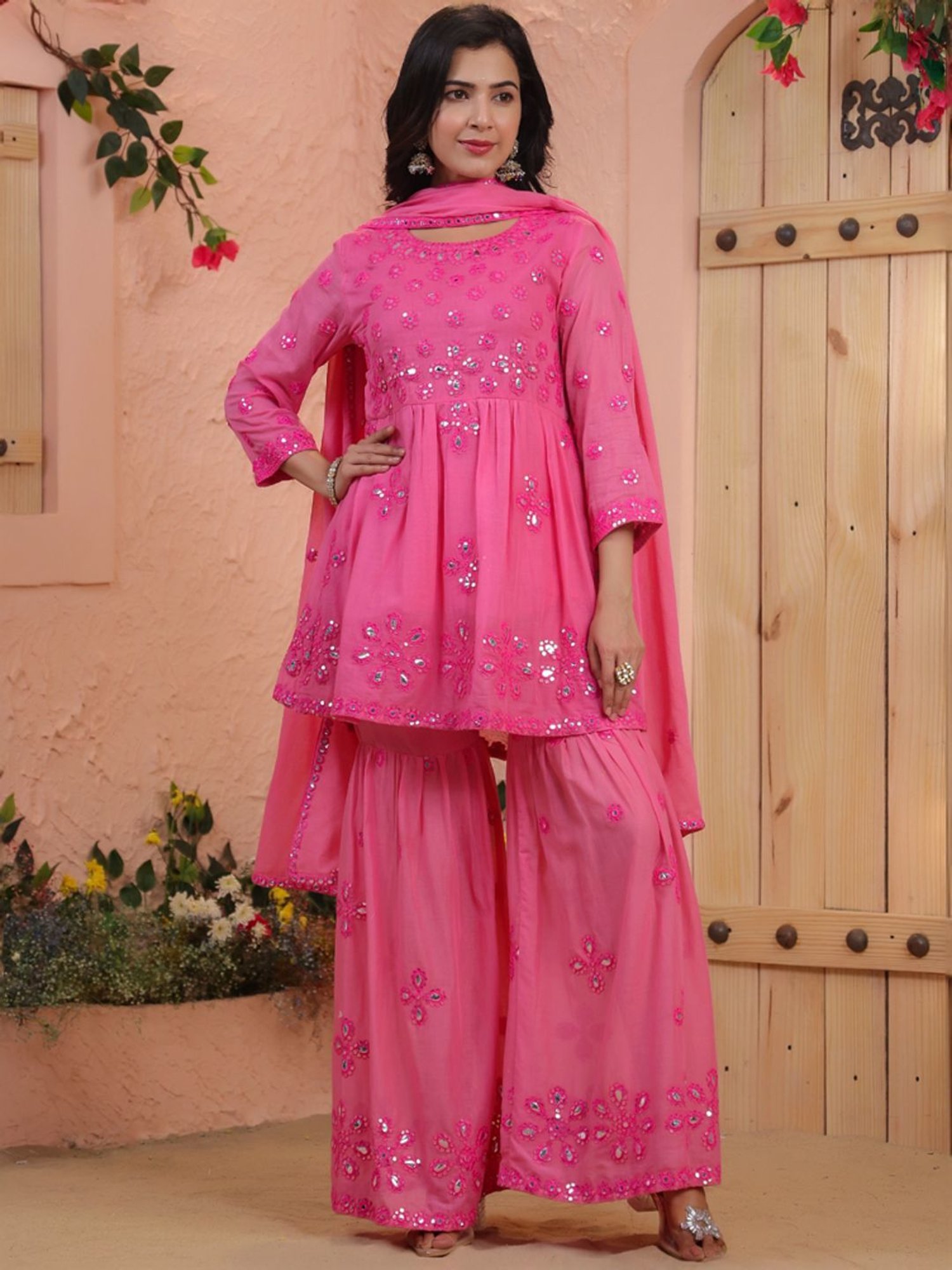 URBAN MYSTIC Black Rayon Embroidered Kurta & Sharara Set