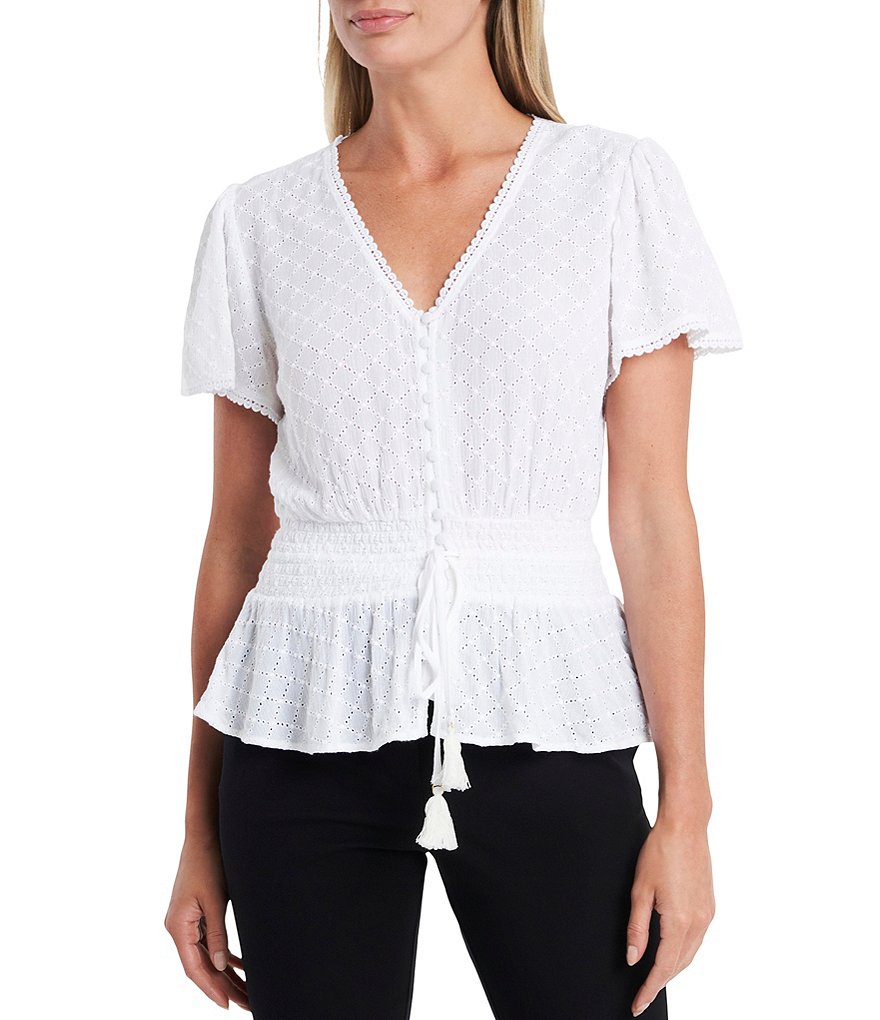 1. STATE Button Front Embroidered Gauze Top