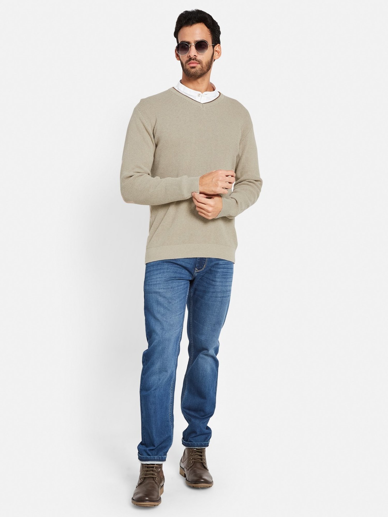 METTLE Khaki Cotton Regular Fit Sweater