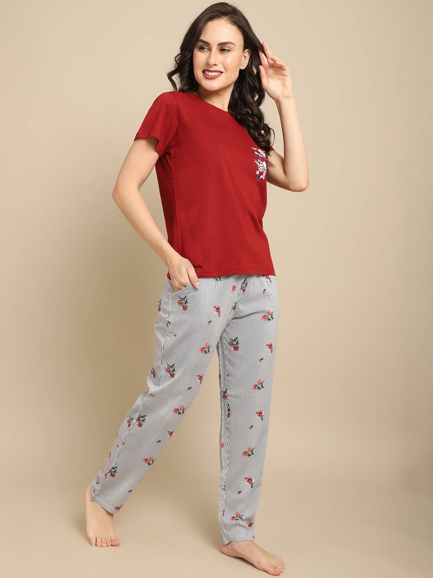 Boston Club Maroon & Grey Printed T-Shirt With Pyjamas