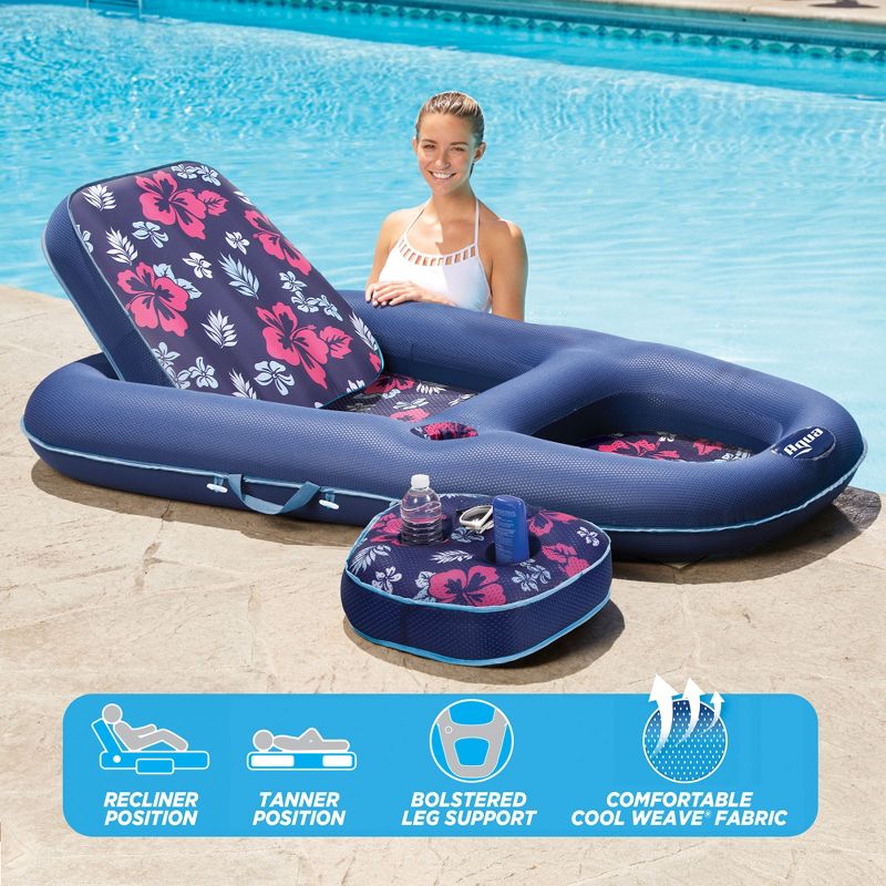 Aqua Leisure Campania Ultimate Convertible 2 in 1 Outdoor Swimming Pool Float Lounger Recliner and Drink Caddy, Navy Hibiscus