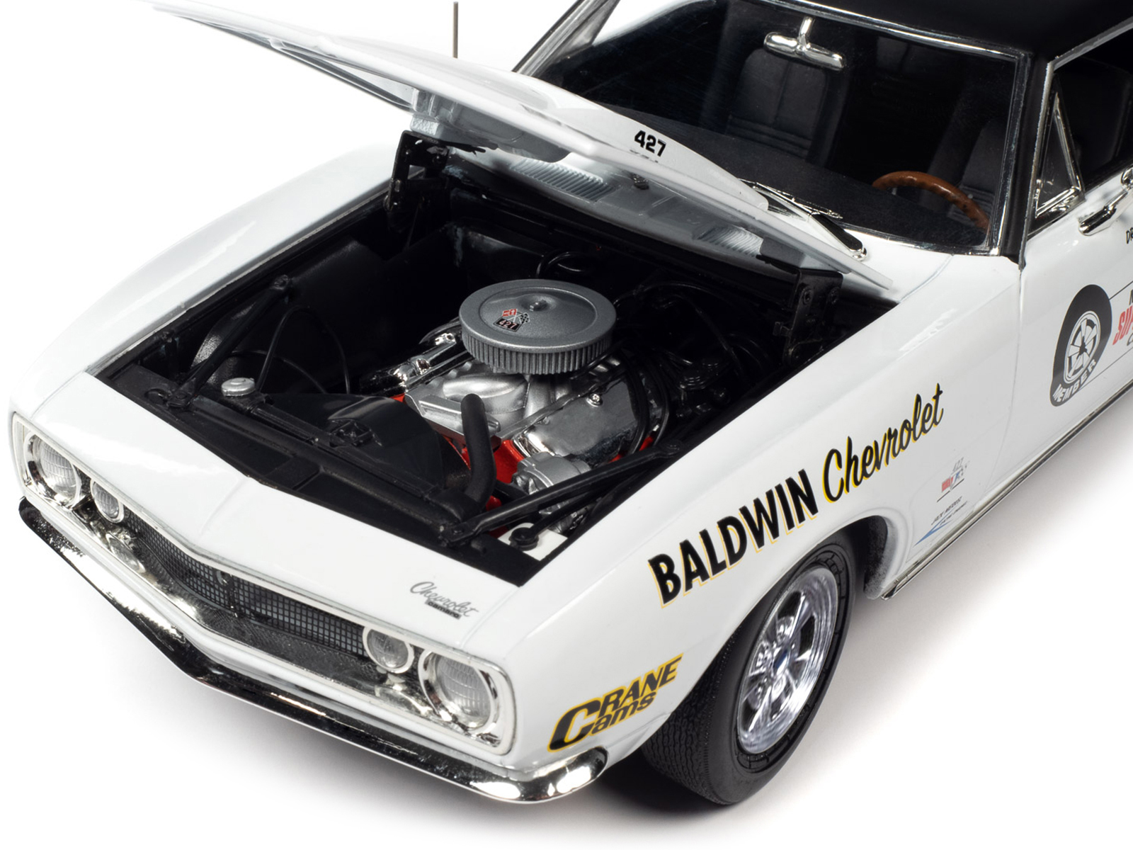 1967 Chevrolet Camaro SS Baldwin Motion Joel Rosen "Motion Supercar Club" White with Black Vinyl Top and Graphics 1/18 Diecast Model Car by Auto World