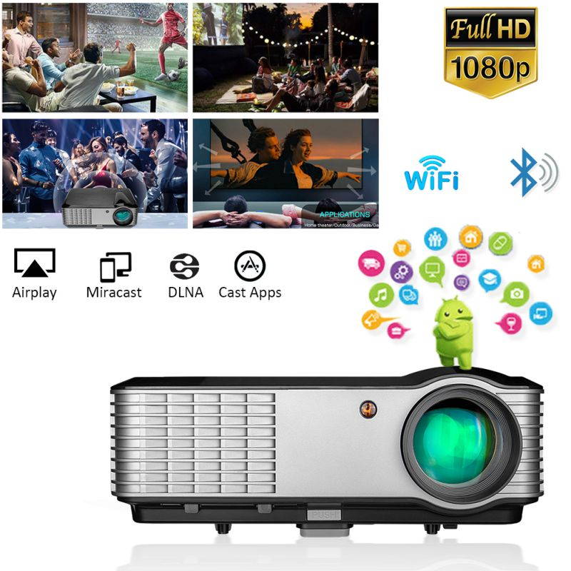 1080P WIFI Projector, 5000 Lumens Android Projector with Bluetooth, Smart Home Theatre Projector 4K Supported, with 300&rdquo; Display, HDMI, VGA, USB for Home Office Outdoor School Camping