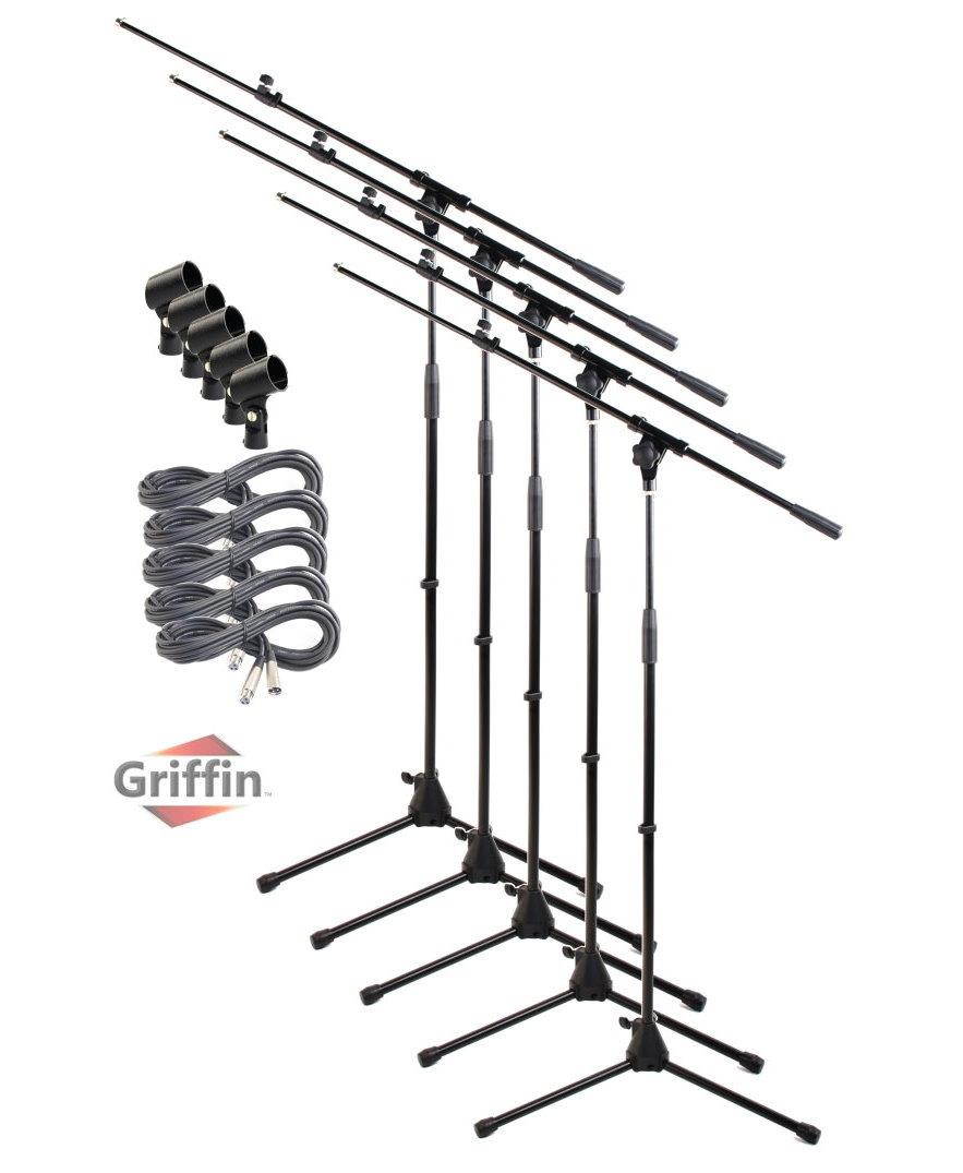 GRIFFIN Microphone Stand (Pack of 5) with XLR Cables & Mic Clip | Telescoping Boom Arm Tripod Legs for Studio Recording Accessories, Singing Vocal Karaoke, DJ Live Stage | 20ft Pro Audio Mic Cord Wire