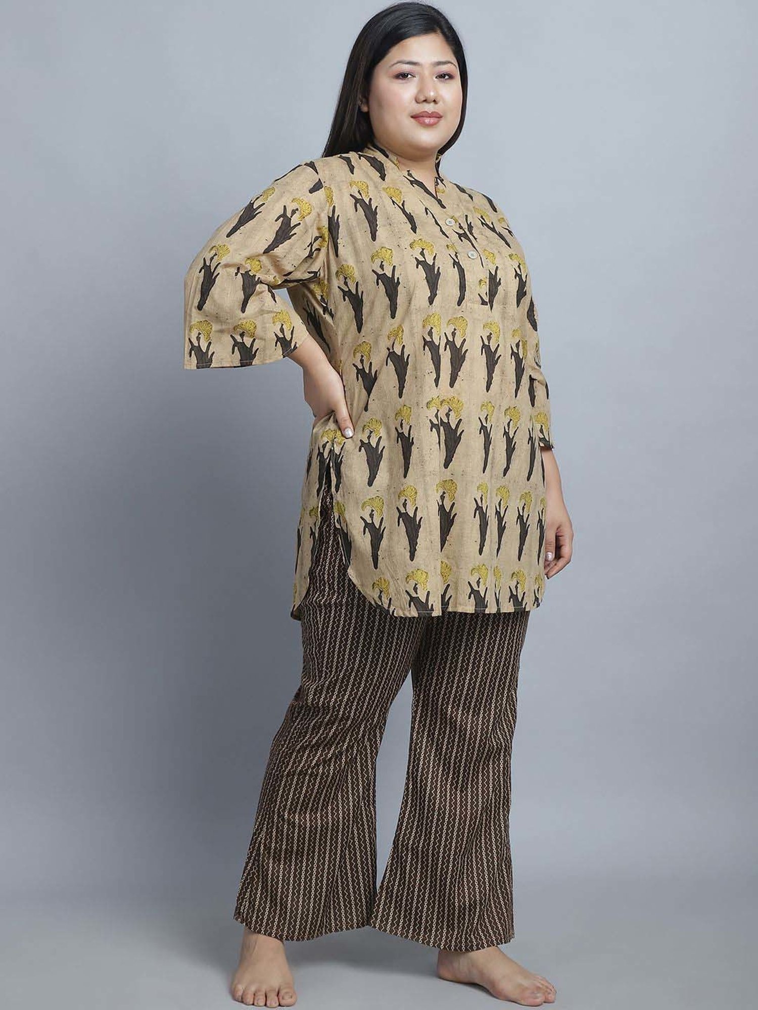 TAG 7 Brown Cotton Printed Top Pyjamas Set