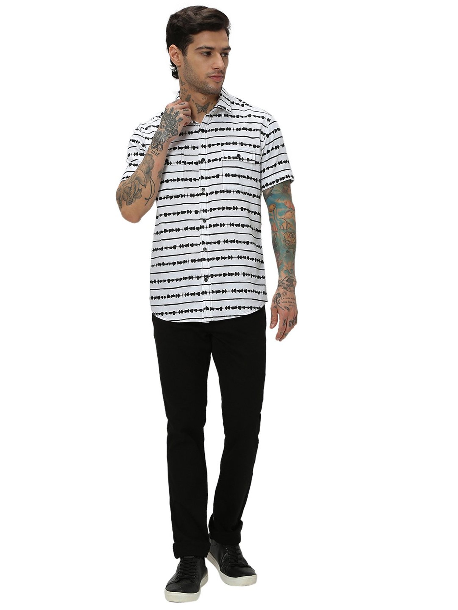 Mufti White Slim Fit Striped Cotton Shirt