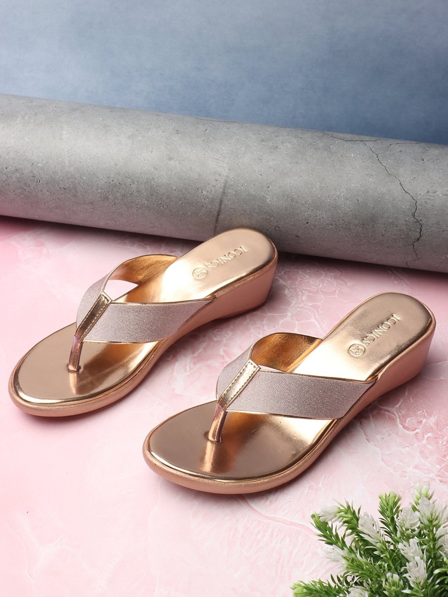 Iconics Women's Rose Gold Thong Wedges