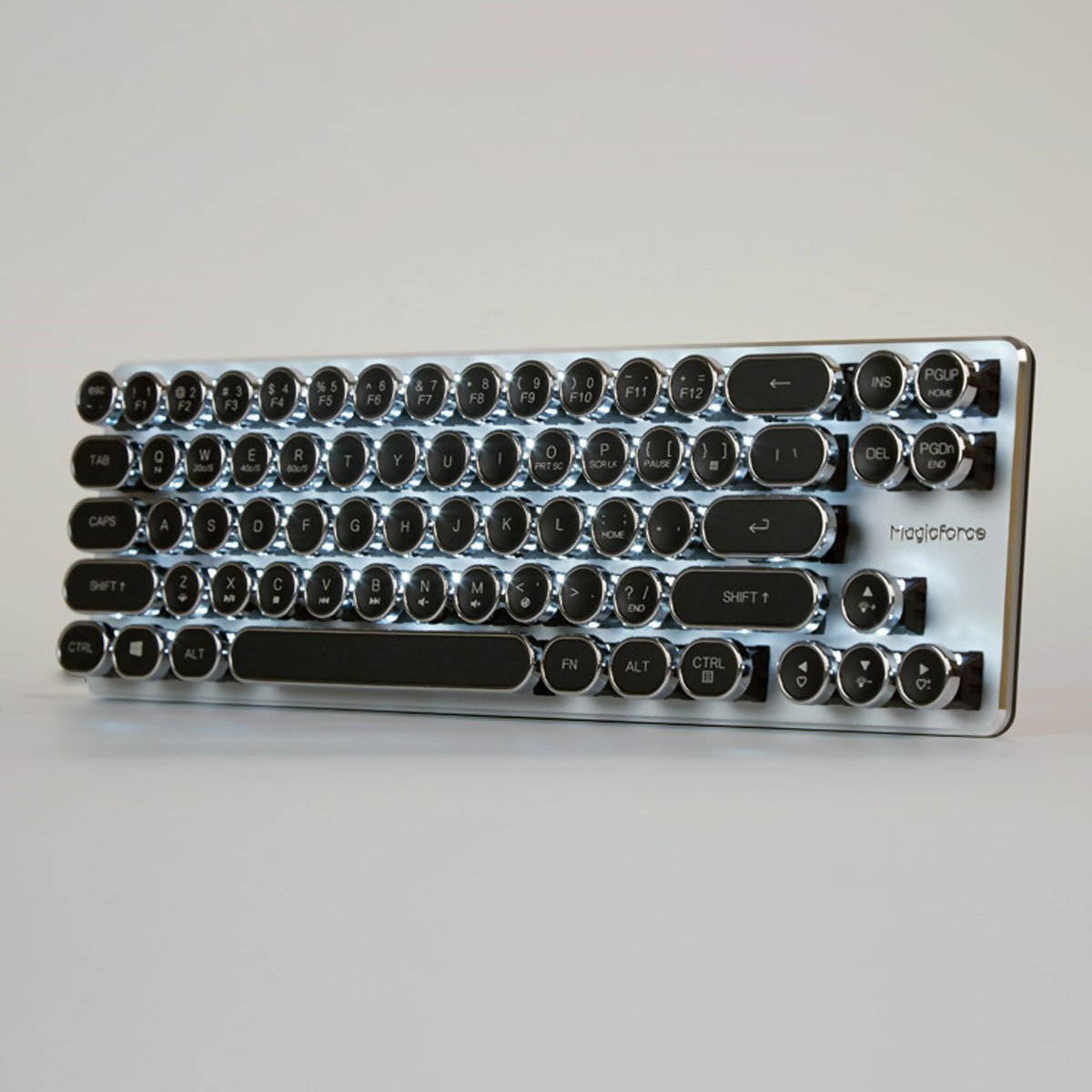 Mechanical Gaming Keyboard with Kailh Blue Switches White Backlight Silver Plate and Black Steampunk Retro Typewriter Style keycaps 68 Keys Mini Keyboard