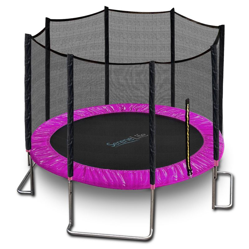 SereneLife 10 Foot Outdoor Backyard Play Trampoline and Safety Protective Dual Closure Net Enclosure for Kids Supports Weight Up To 352 Pounds, Pink