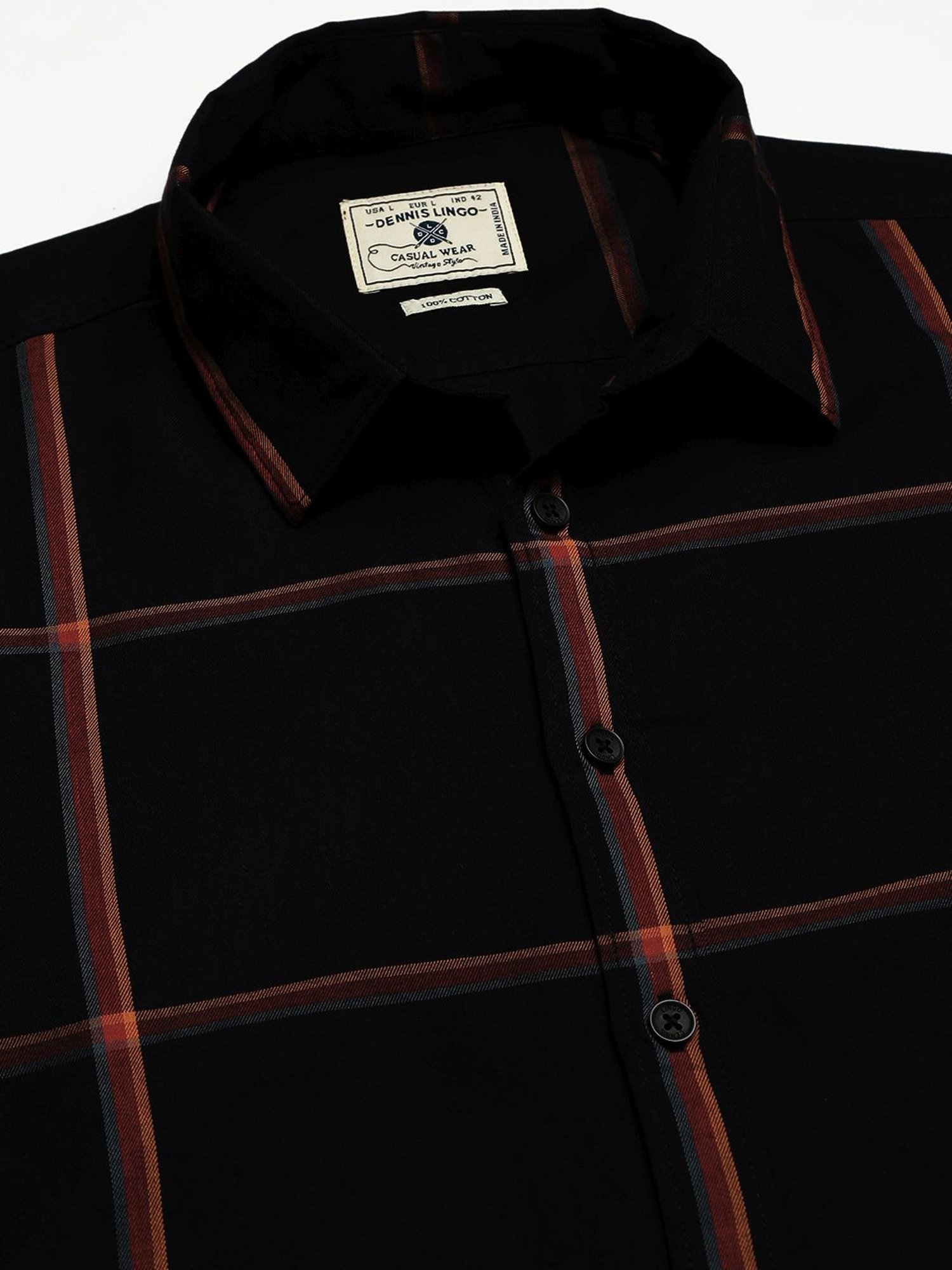 Dennis Lingo Black Cotton Slim Fit Checks Shirt