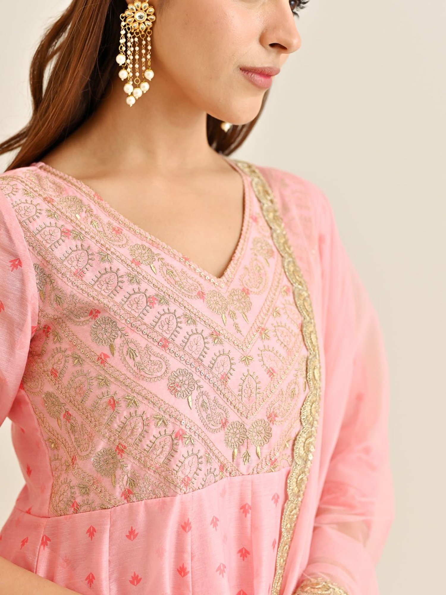 Rustorange Pink Embroidered Kurta With Pant & Dupatta