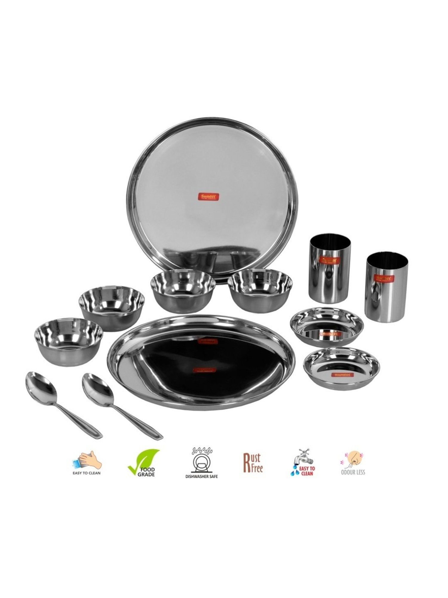 Sumeet S.S.Mirror Finish Dinner set of 12Pc(2 Plate,2 Small/Halwa Plate,4 Bowl/Wati,2 Glass,2 Spoon)