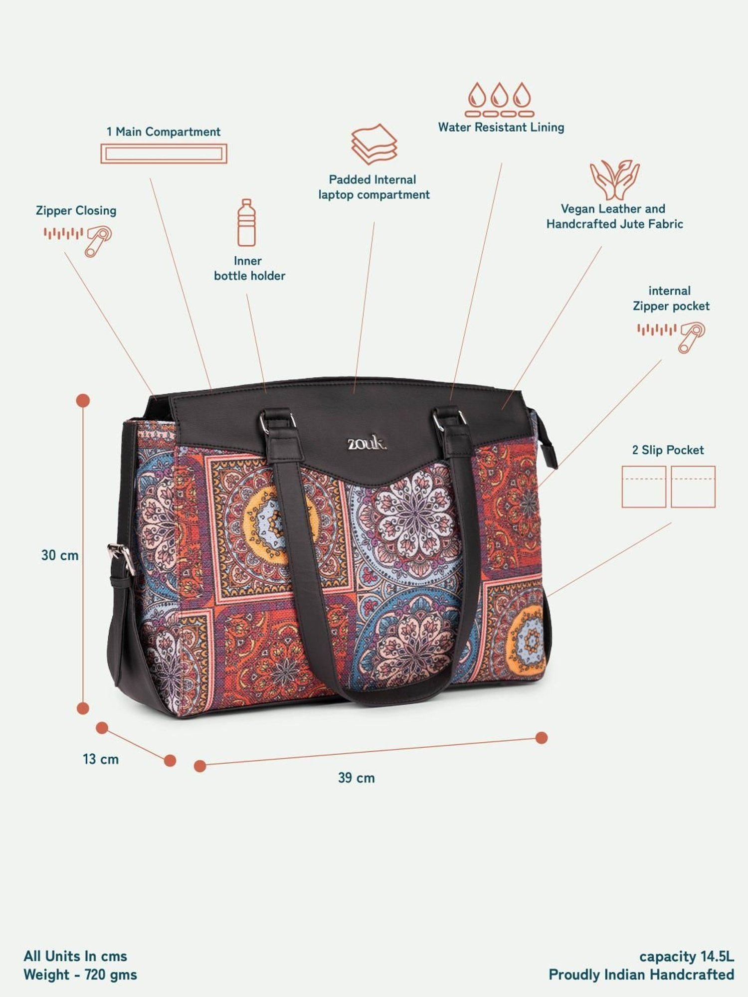 Zouk Mandala Multicolor Jute Printed Tote Handbag