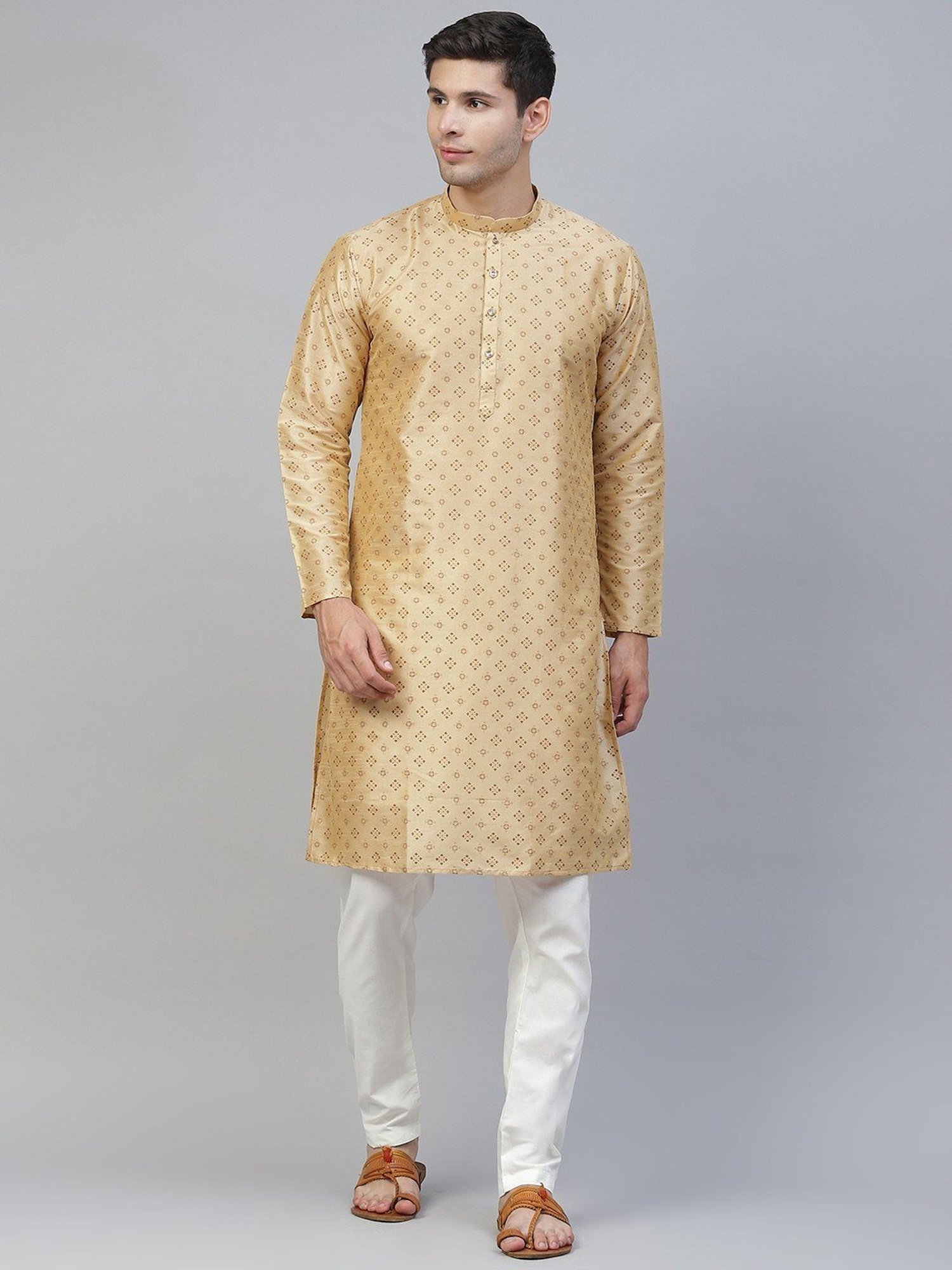 ManQ Beige & White Regular Fit Printed Kurta Bottom Set
