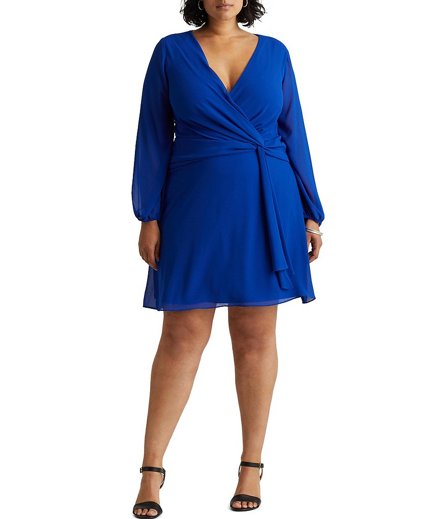 Lauren Ralph Lauren Plus Size Georgette Long Sleeve V-Neck A-Line Dress