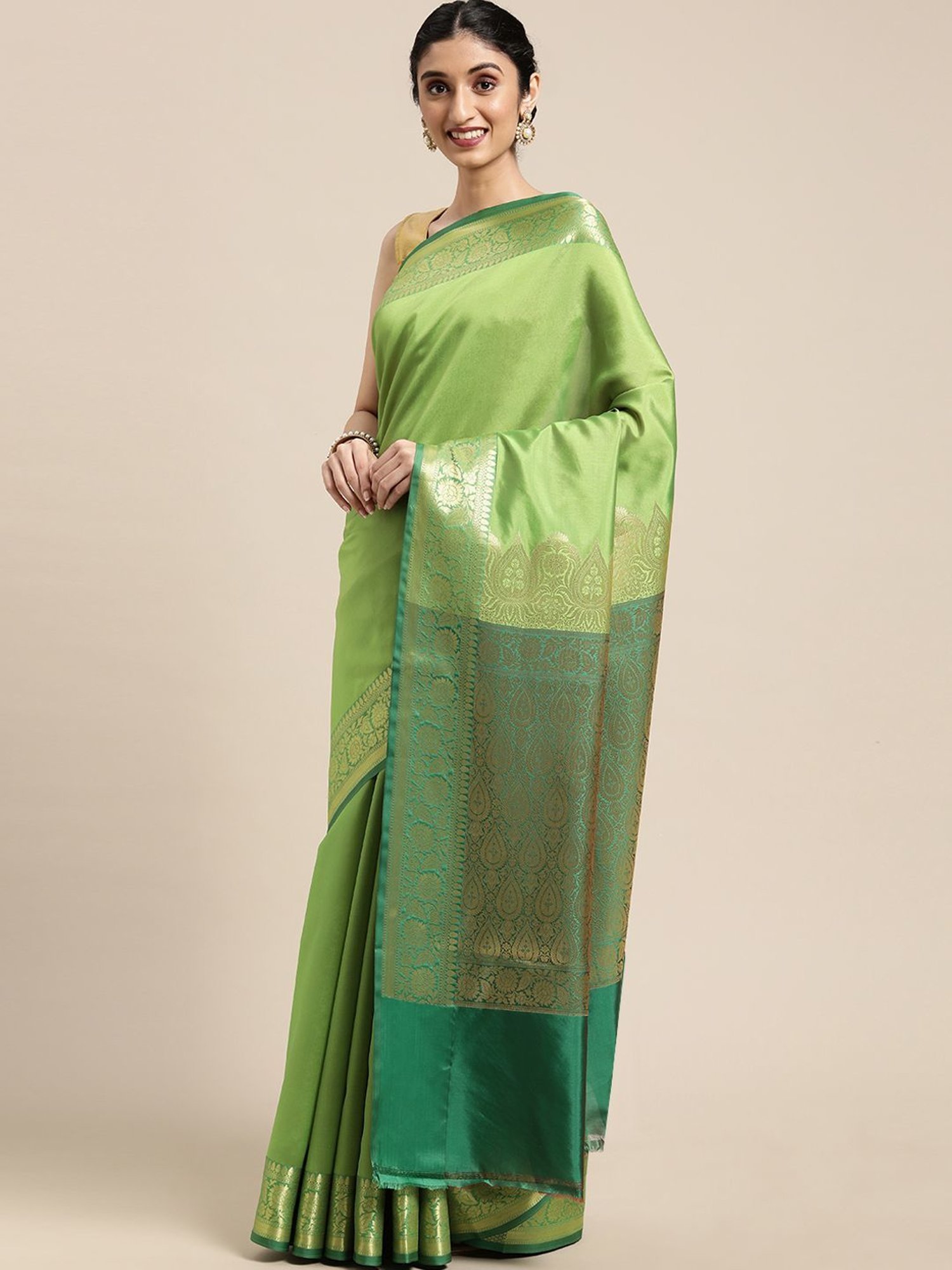 Banarasi Silk Works Green Silk Woven Saree With Unstitched Blouse