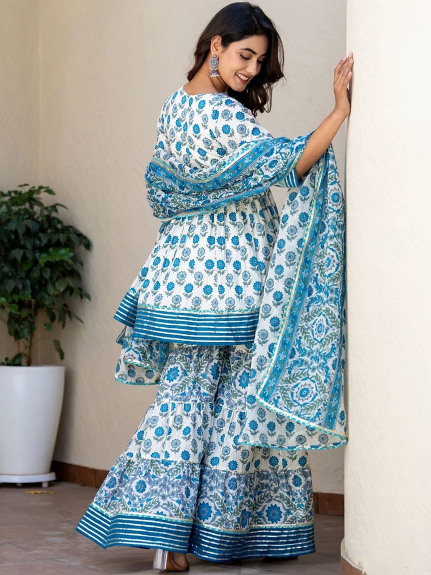 HOUSE OF JAMOTI Blue Cotton Printed Short Kurti Sharara Set With Dupatta