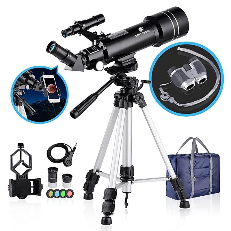 70mm Portable Refractor Telescope & HD Binoculars, Fully Coated Glass Optics, Ideal Telescope for Kids Beginners, with Adjustable Tripod Smartphone Adapter Moon Filter and Carry Bag