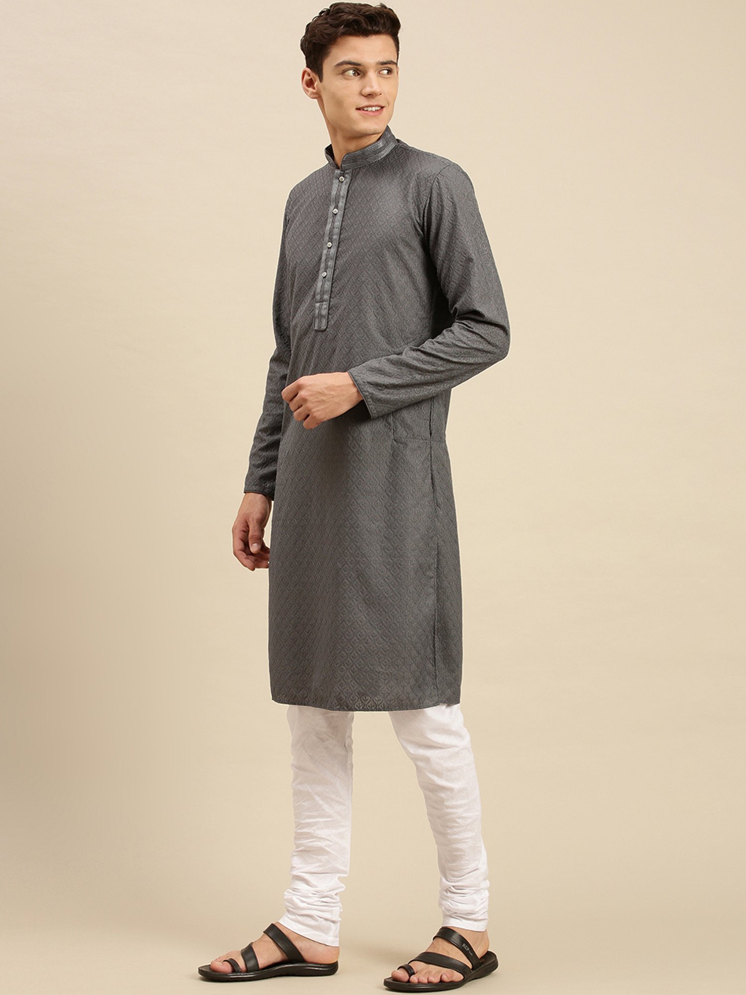 Sanwara Grey Cotton Regular Fit Embroidered Kurta Sets