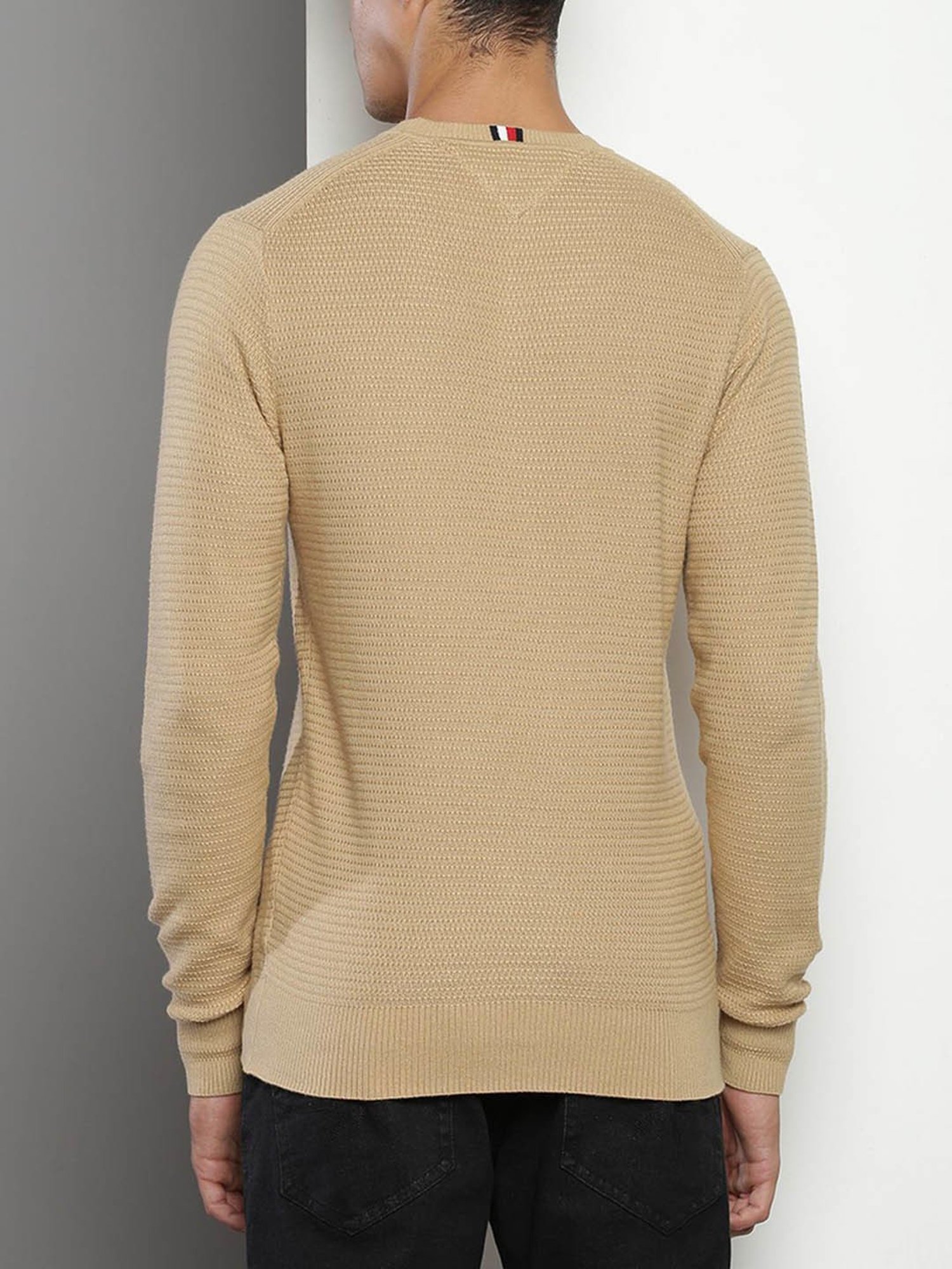 Tommy Hilfiger Beige Cotton Regular Fit Self Pattern Sweater