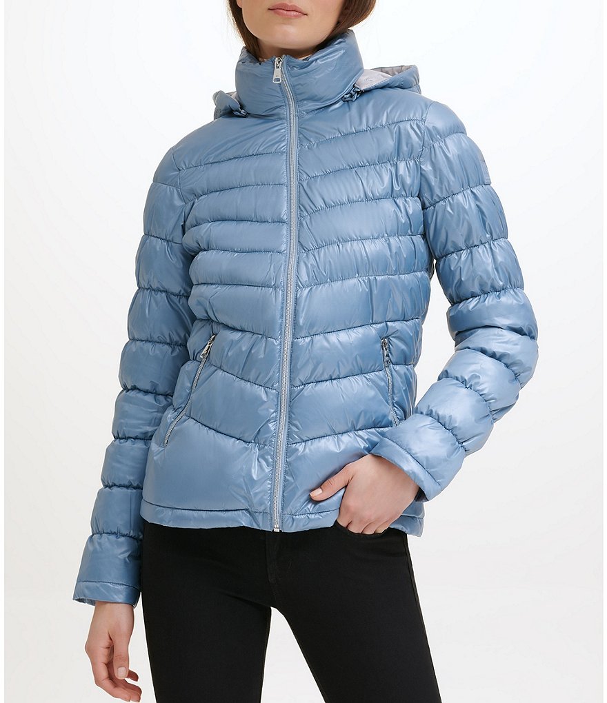 Kenneth Cole New York Water-Resistant Stand Collar Detachable Packable Hood Long Sleeve Quilted Jacket