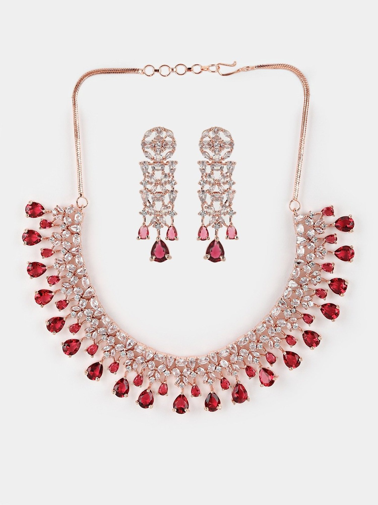 Aatmana Maroon American Diamond Rose Gold-Plated Necklace & Earring Set