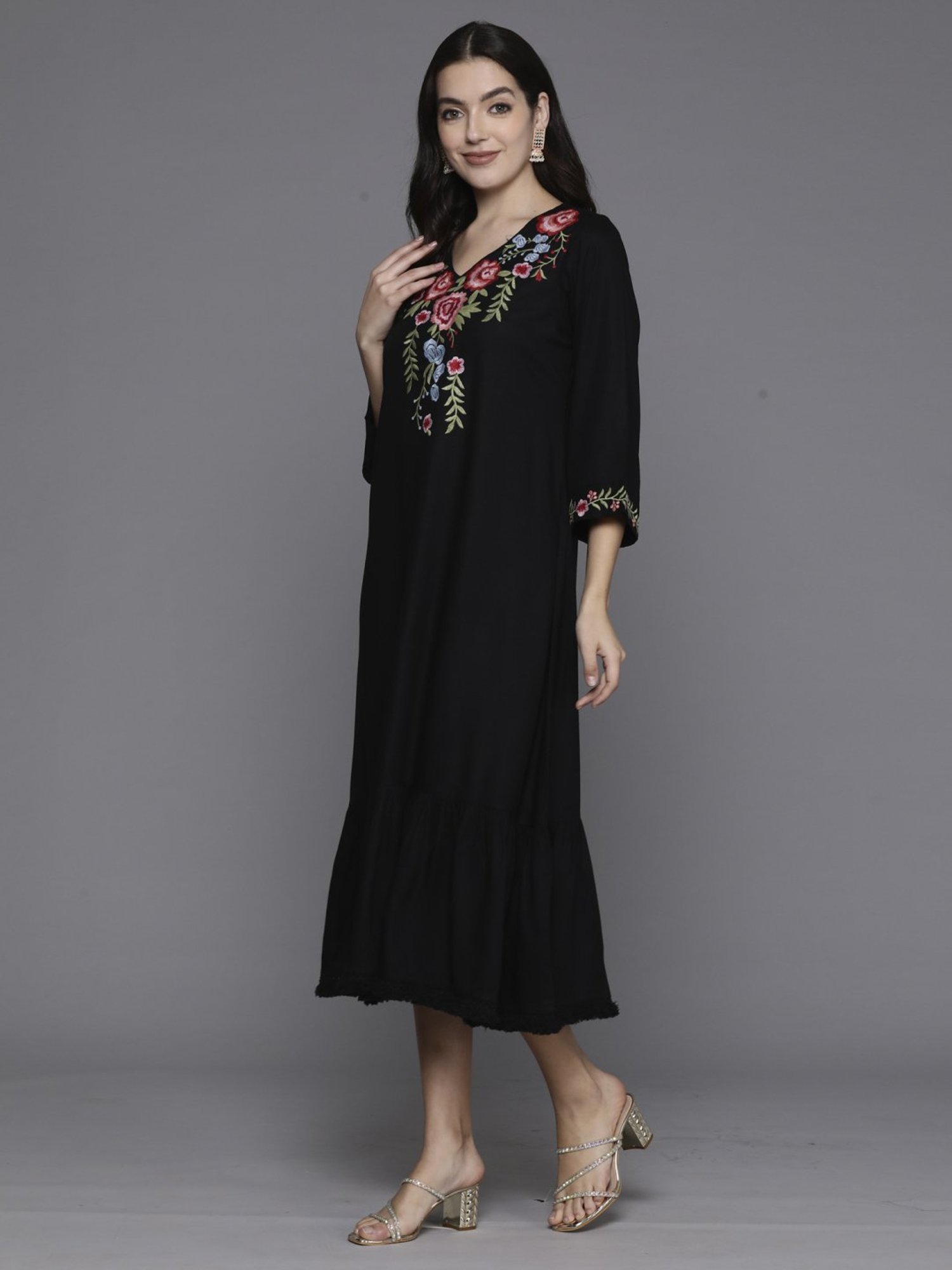 Indo Era Black Embroidered A-Line Dress