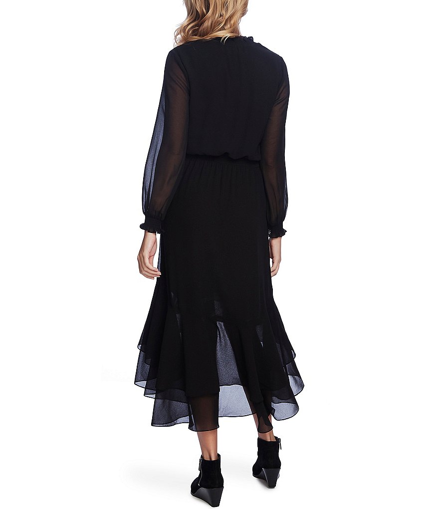 1. STATE Split Collar Ruffle Hi-Low Midi Dress