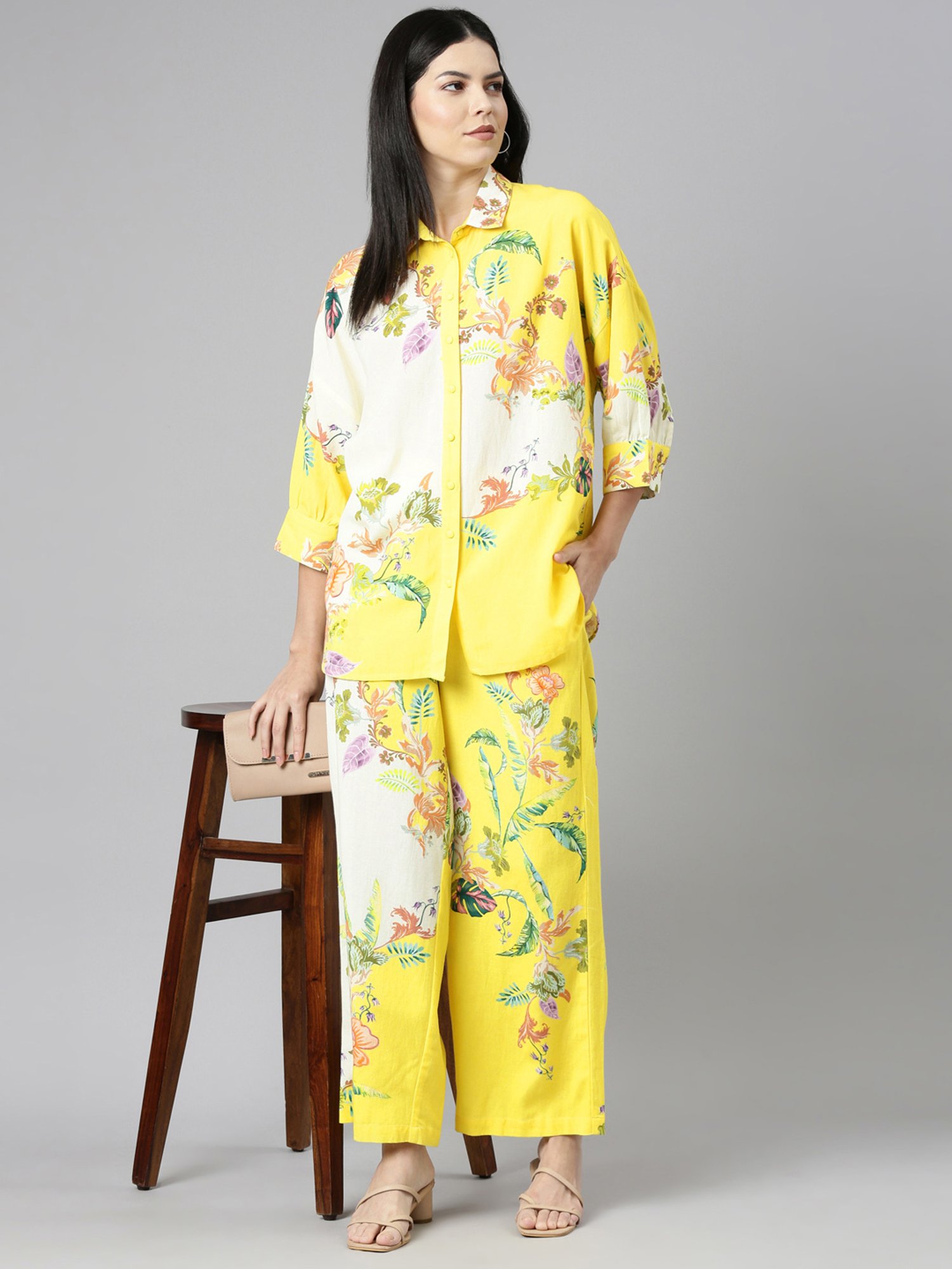 Zolo Label Yellow Floral Print Shirt Pant Set