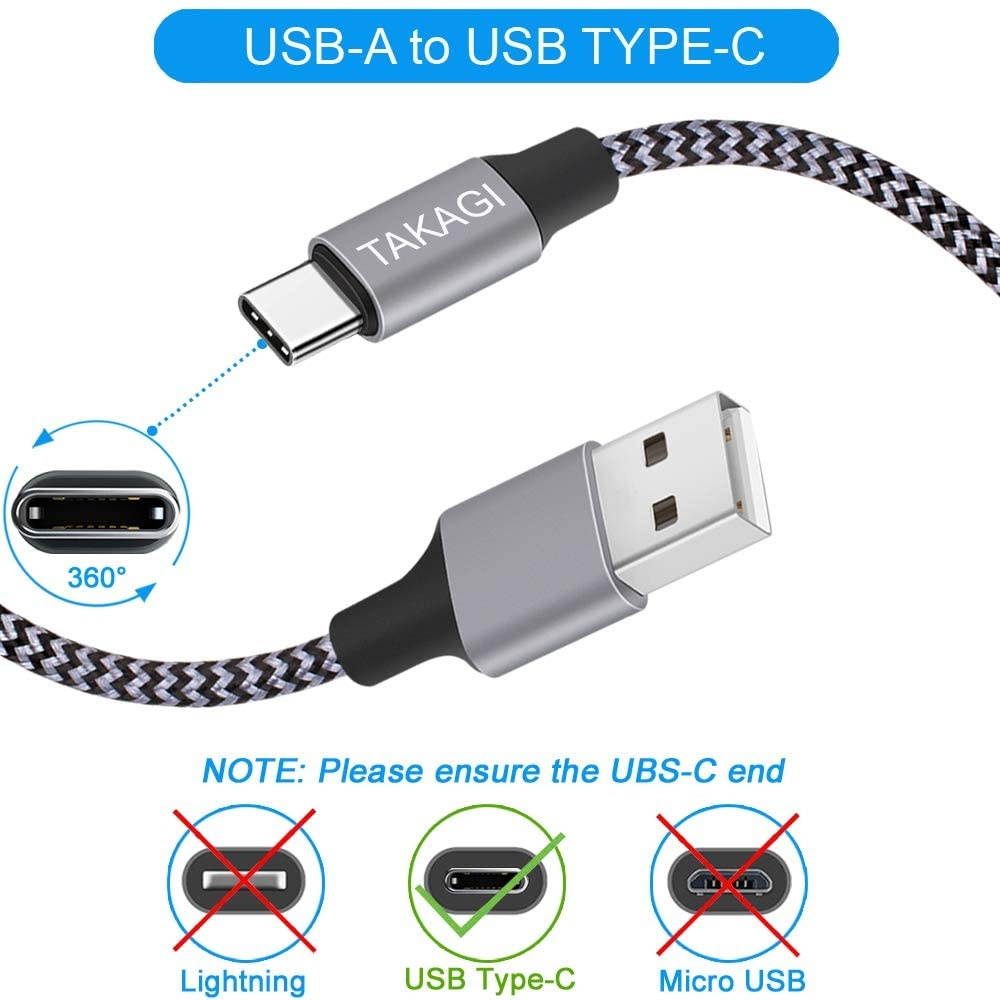 USB Type C Cable 3A Fast Charging TAKAGI (3-Pack 6feet) USB-A to USB-C Nylon Braided Data Sync Transfer Cord Compatible with Galaxy S10 S10E S9 S8 S20 Plus Note 10 9 8 and Other USB C Charger