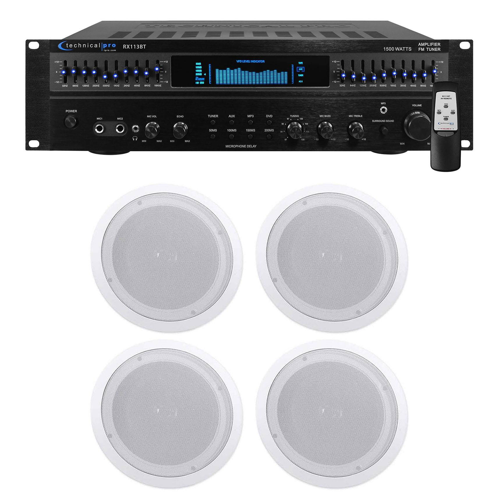 Technical Pro RX113 1500w Home Theater Amplifier Receiver+4) 8" Ceiling Speakers