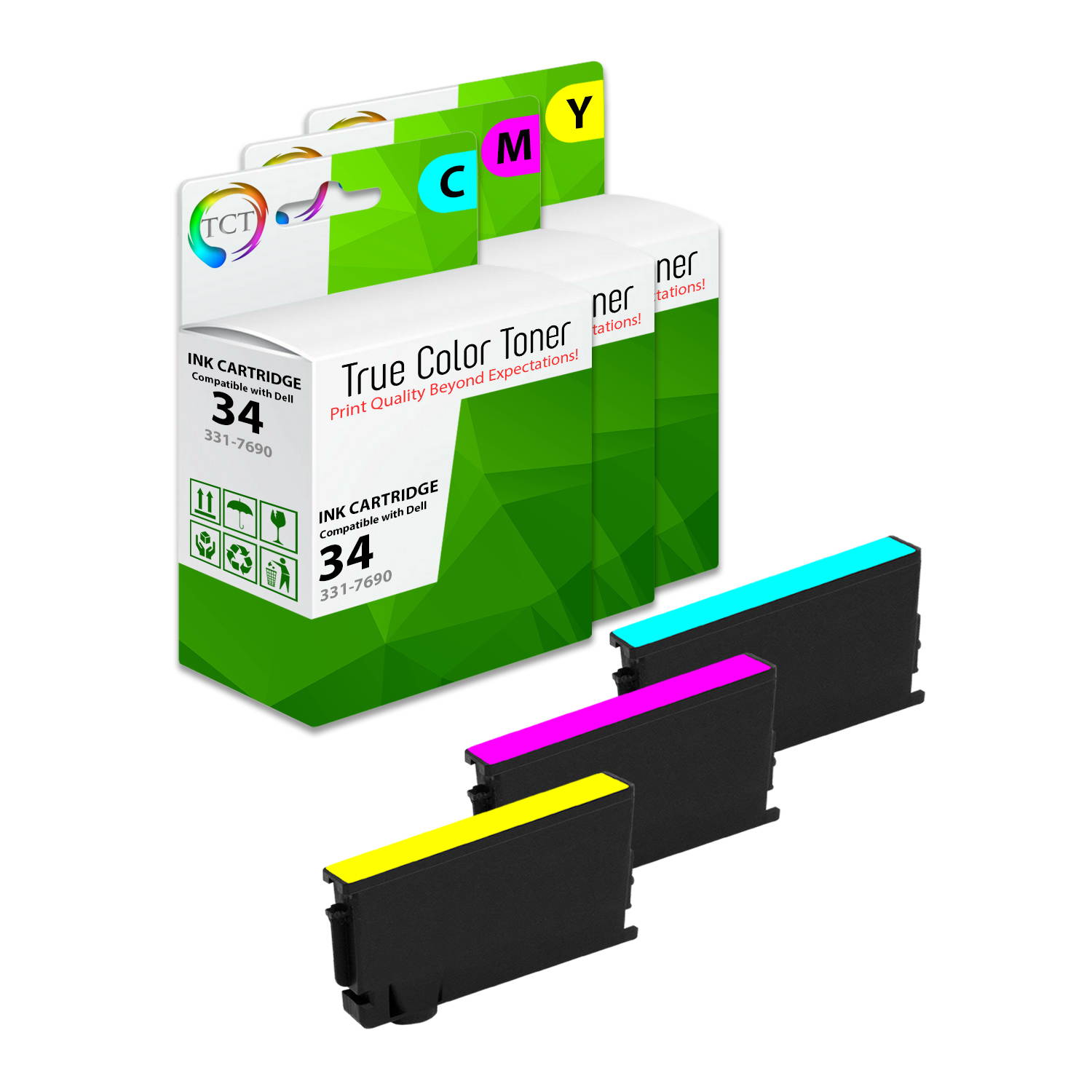 TCT Compatible Ink Cartridge Replacement for Dell 34 Series works with Dell V525w V725W Printers (Black 331-7689, Cyan 331-7690, Magenta 331-7691, Yellow 331-7692) - 4 Pack
