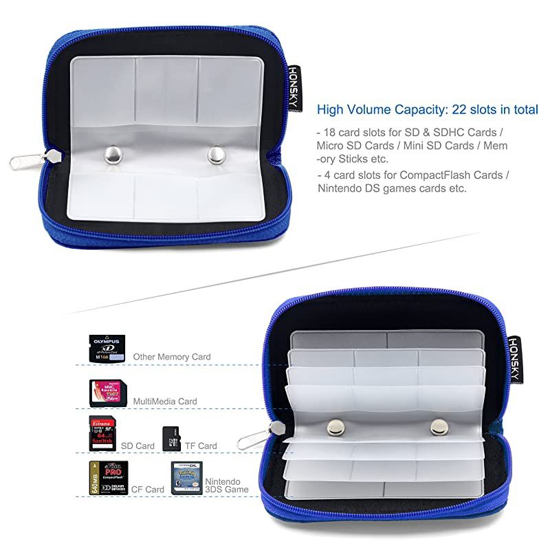 Card Case 22 Slot Zippered Memory Card Holder Memory Card Case Organizer Storage Wallet for Cards Micro Cards CF XC HC MMC Green