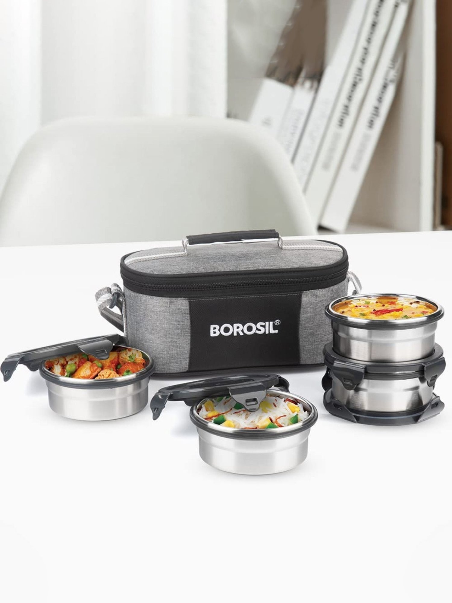 Borosil Grey Stainless Steel Lunch Box - Set of 4