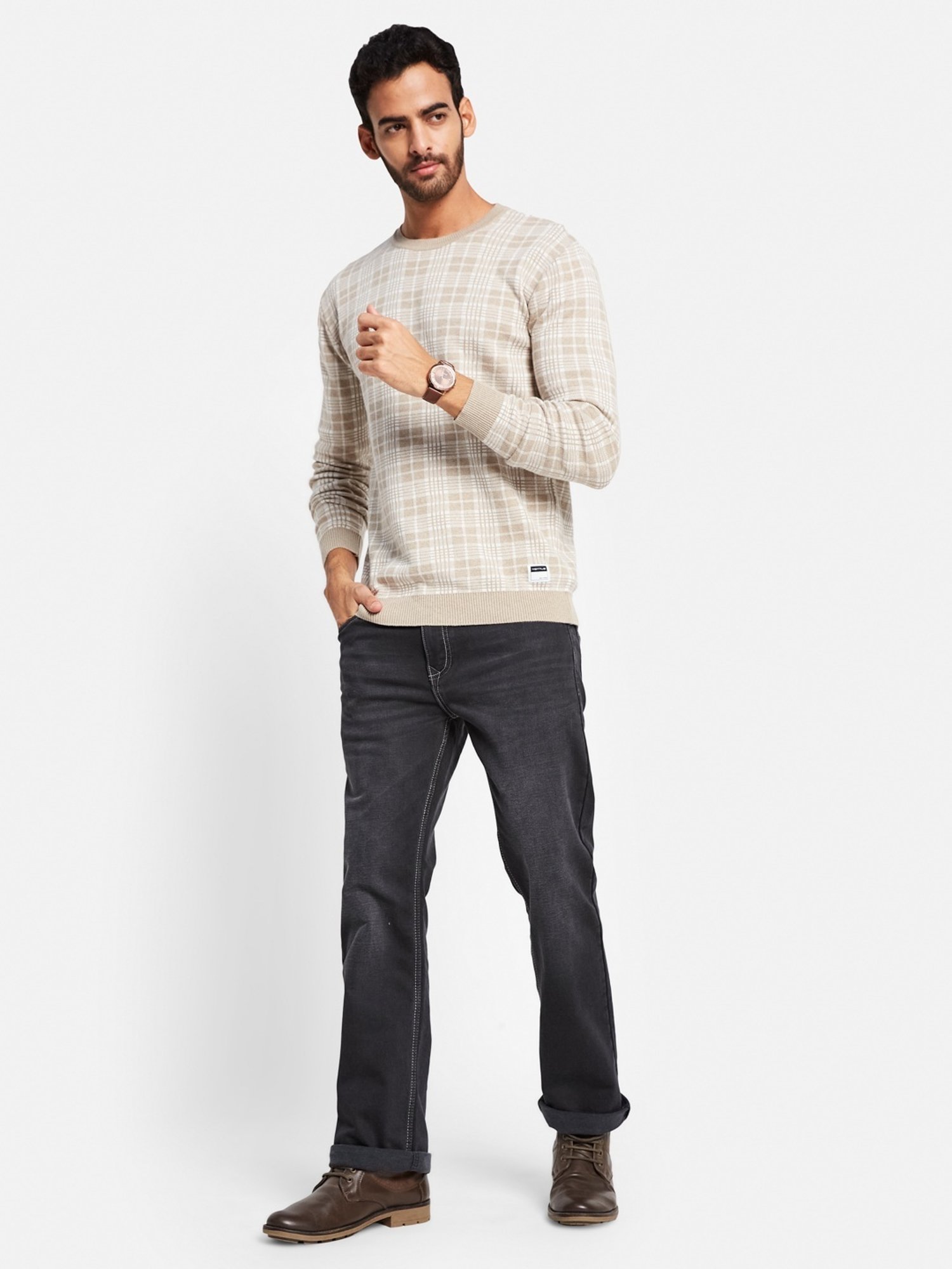 METTLE Khaki Cotton Regular Fit Checks Sweater
