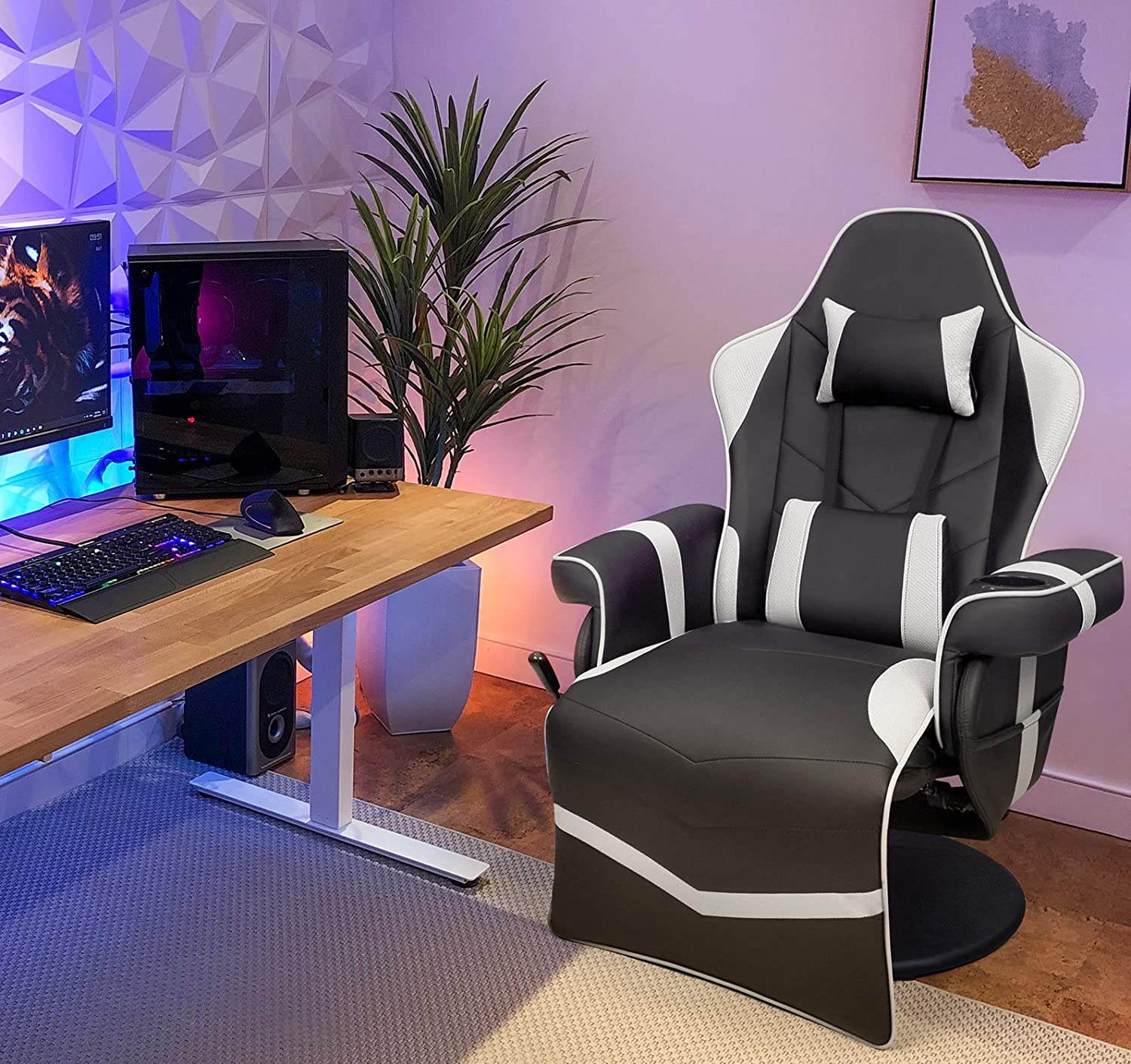 Homall Computer Racing Style PU Leather Ergonomic Adjusted Reclining Video Gaming Single Sofa Chair with Footrest Headrest and Lumbar Support (White)