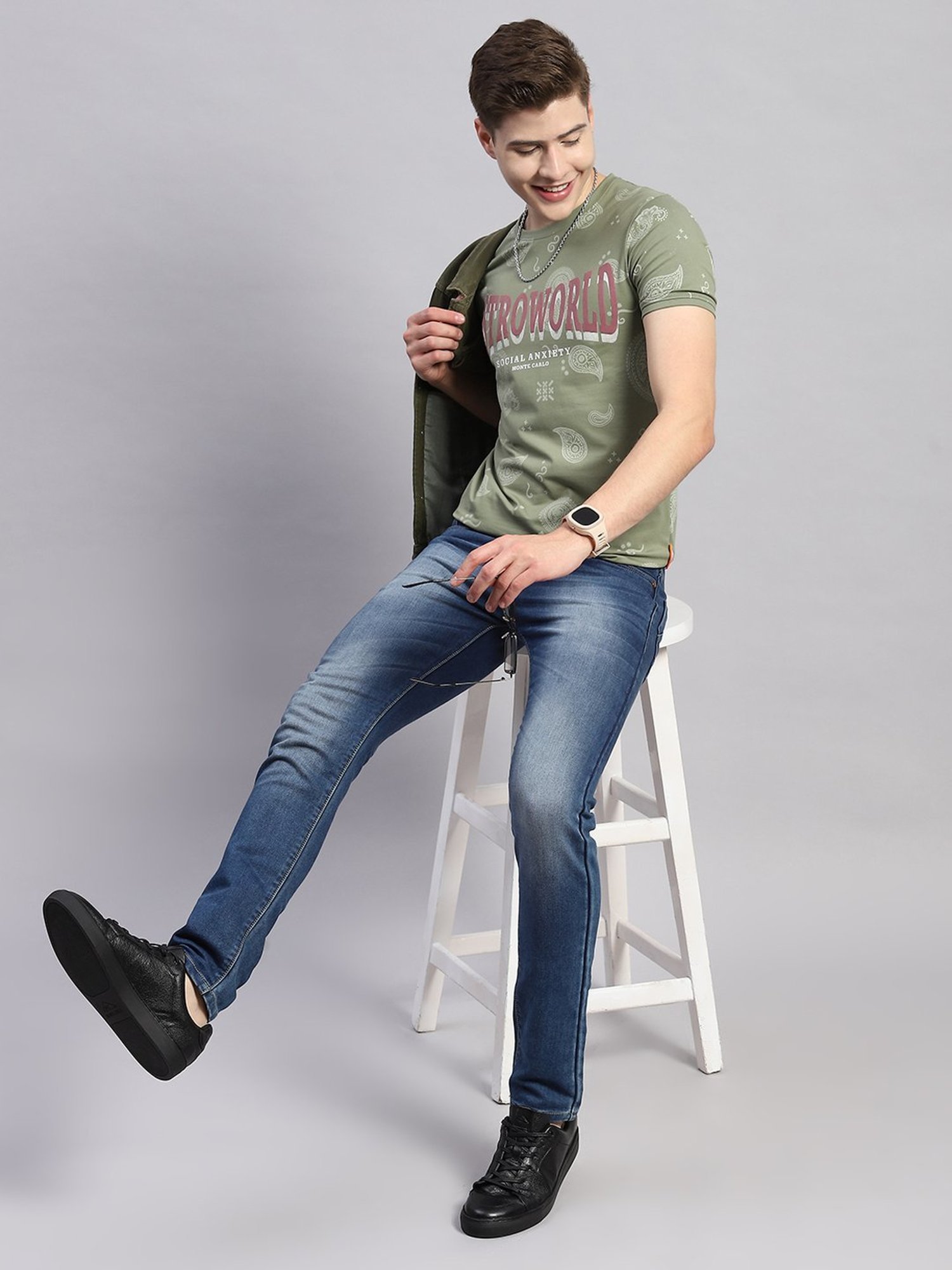 Monte Carlo Olive Smart Fit Printed T-Shirt