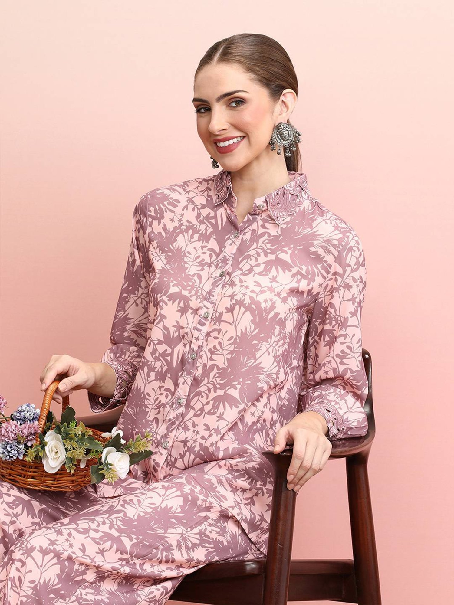 Indo Era Purple Floral Print Shirt Palazzo Set