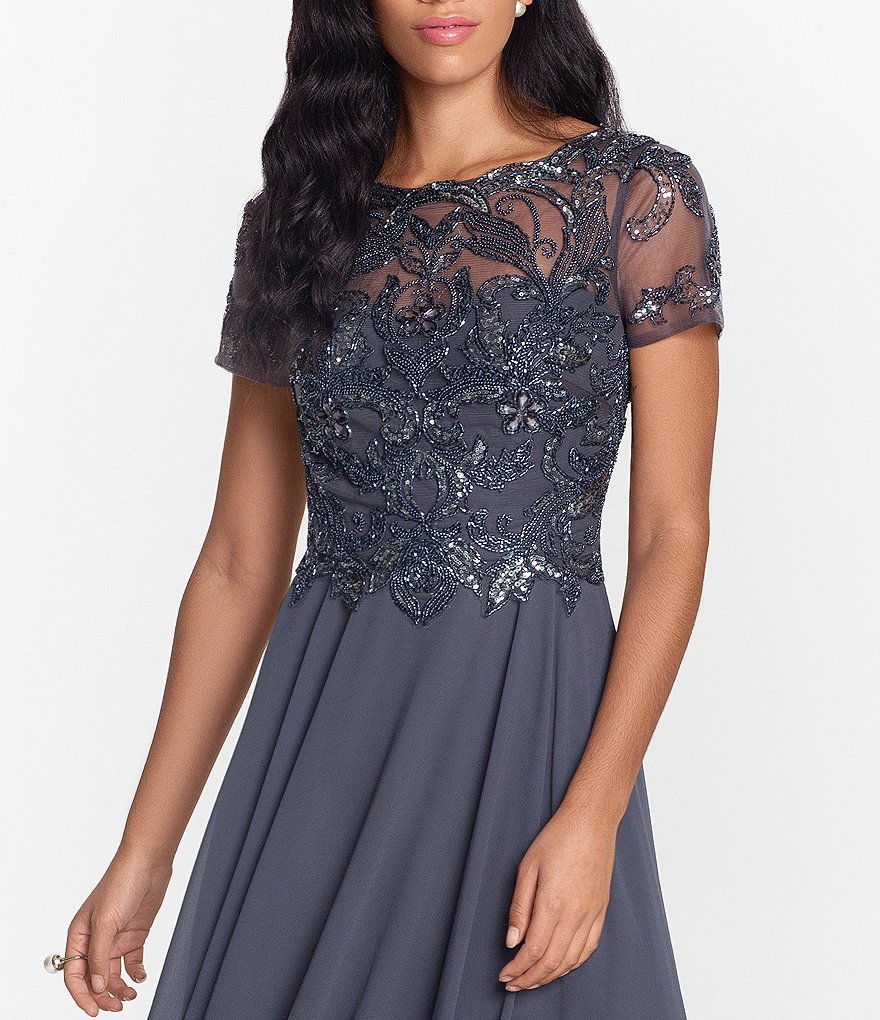 Jkara Chiffon Popover Beaded V-Neck 3/4 Capelet Sleeve Gown