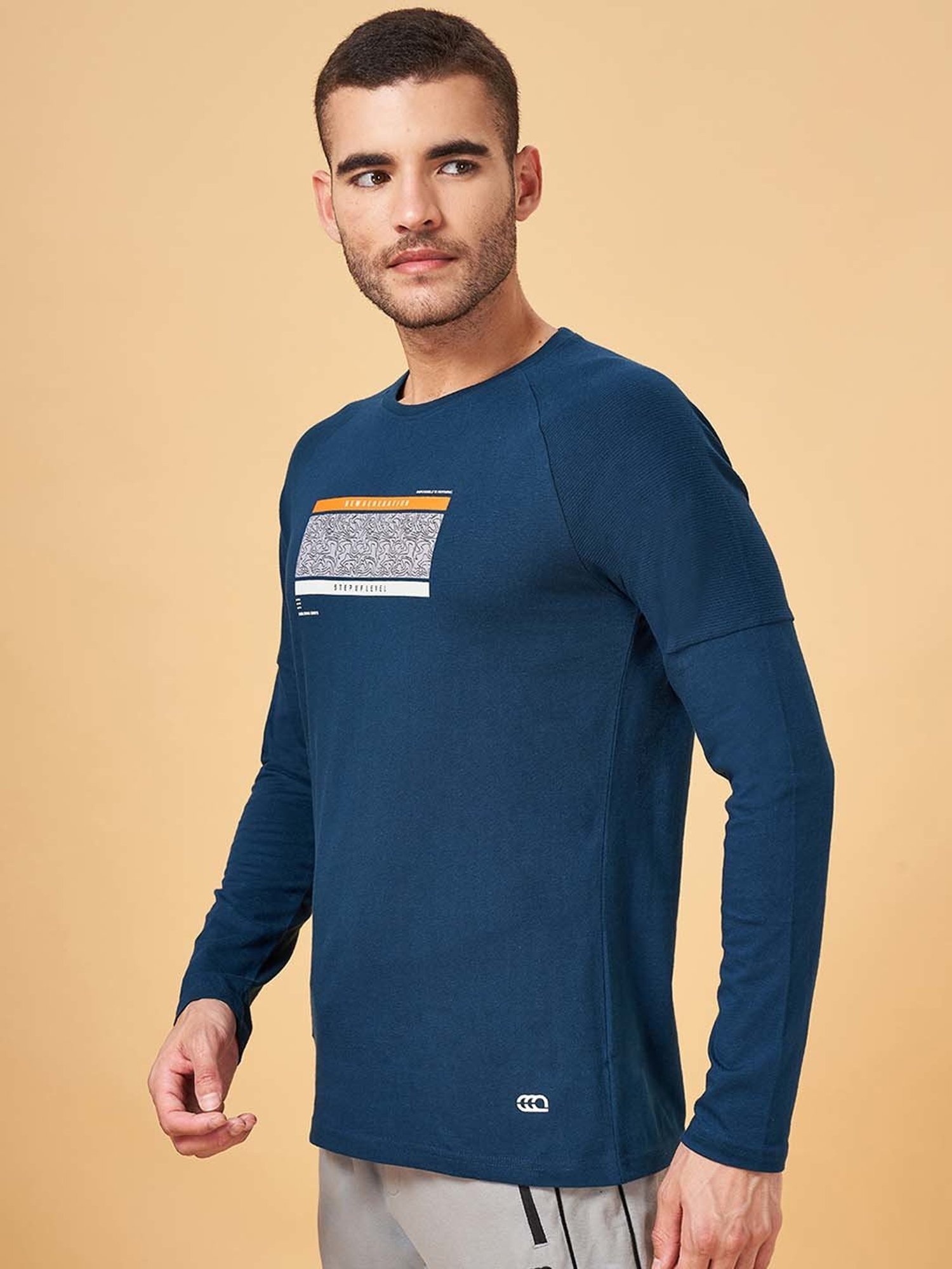 Ajile by Pantaloons Teal Slim Fit Printed Crew T-Shirt