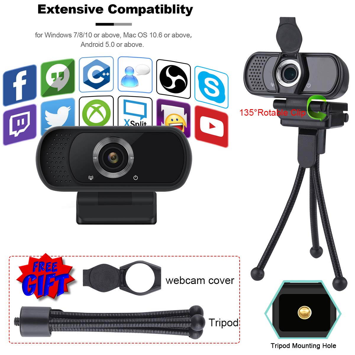 HD Webcam 1080P,Live Streaming Webcam USB Plug and Play Web Camera for PC Laptop Desktop,90-degree Wide Angle Webcam with Microphone for Video Conference Recording Gaming Skype XBox One OBS