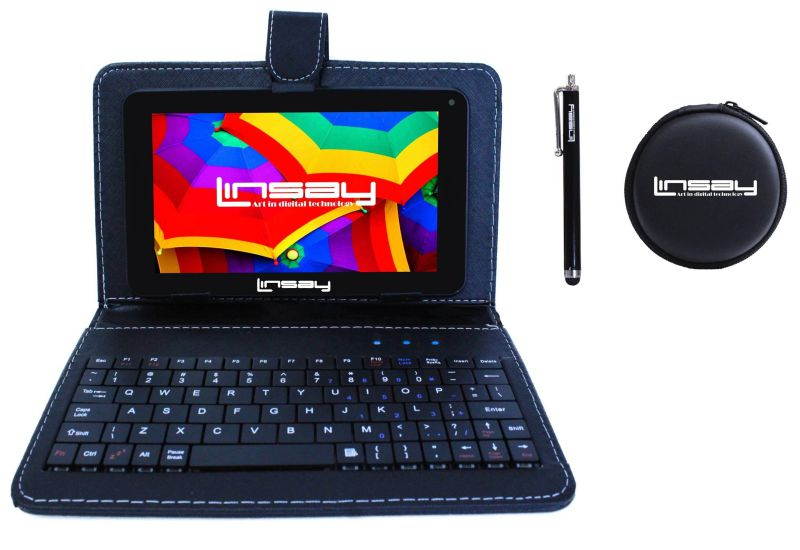 LINSAY&reg; 7" Super Bundle 1024x600 HD Quad Core Dual Camera 2GB ram 16GB Android 10 Tablet with Black Keyboard Earphones and Pen